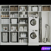 Linear with household appliances and household chemicals. Bathroom accessories