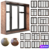 A set of plastic windows with wooden trim.