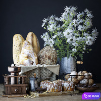 Kitchen set with bread and cinnapons