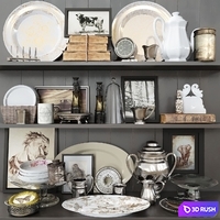 Shelf with antique decor, books and crockery