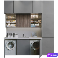 Laundry room in gray with cosmetics, household appliances and bathroom accessories 8