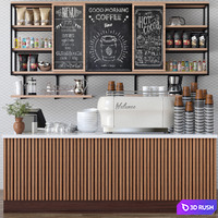 Design project of a cafe in ethnic style with a coffee machine and accessories on the shelves