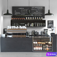 Cafe in minimalist style with a refrigerator with sweets and low-alcohol drinks
