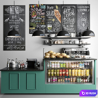 British style cafe with coffee machine and crockery. Showcase with juices