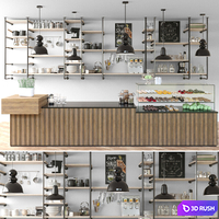 Cafe with shelves and a showcase with desserts and sweets in a loft style