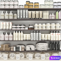 Shelf with a collection of cosmetics. Beauty saloon and bathroom accessories