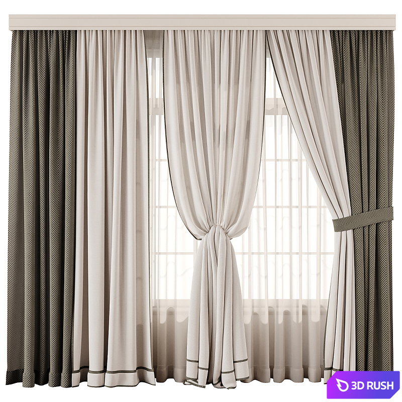 Herringbone Contrast Curtain Set with Beige Drapes and Trim 3D Model Vray, Corona