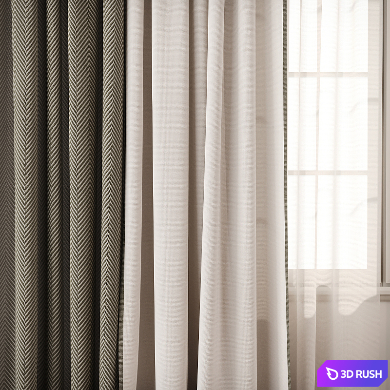 Herringbone Contrast Curtain Set with Beige Drapes and Trim 3D Model Vray, Corona