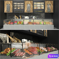 Showcase in a supermarket with semi-finished products and meat. Food