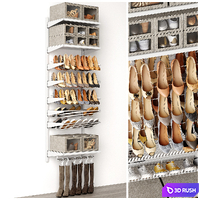 Shoe rack in a shoe cabinet. Set of shoes. Shelf filling