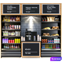 Shelf in a supermarket with dry breakfasts, sweets and a coffee machine. Supermarket