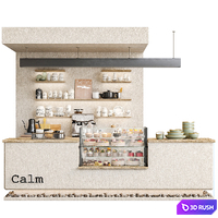 Designer coffee shop with stones and a display case with desserts