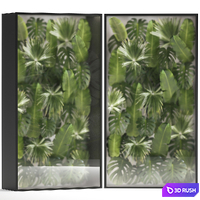 Phytowall and phytobox made of banana palm branches and fan palm leaves in a niche behind a translucent stack. 70.