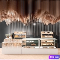 Design project of a restaurant with elements of copper decor and a showcase with desserts and sweets