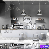 Minimalist coffee shop design. Coffee, coffee maker, coffee machine, grinder, lamp, bar, bar counter, coffee, coffee beans