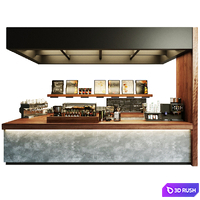 Design project of a coffee shop with a showcase with desserts and sweets and a coffee machine. Cafe