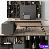 Manager Desk and Library Wood and Black - Office Furniture 266 3D Model Vray, Corona