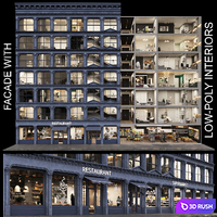 Facade with 20 residential and public low-poly interiors 3D Model Corona