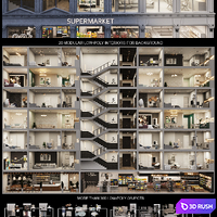 Facade with 20 residential and public low-poly interiors 3D Model Corona