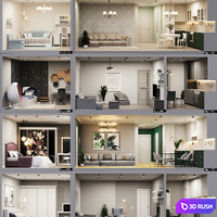 Facade with 20 residential and public low-poly interiors 3D Model Corona