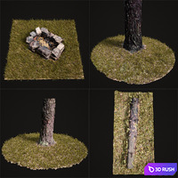 Fireplace, tree trunks, logs, grass 3D Model Vray