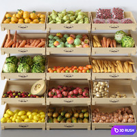 Showcase with fruits and vegetables at the market in boxes. Citrus fruits, apples 3D Model Corona