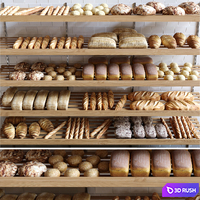 Rack with pastries in a bakery with bread, loaf and buns. 3D Model Vray, Corona