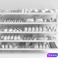 Rack with pastries in a bakery with bread, loaf and buns. 3D Model Vray, Corona
