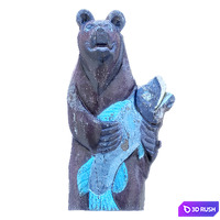 Wooden brown bear with fish 3D Model Vray