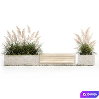 Bench flowerbed for the urban environment in a concrete flowerpot with bushes of reeds and pampas grass, Cortaderia. 1144. 3D Model Vray
