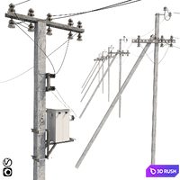 Concrete electricity transmission poles with wires 3D Model Vray, Corona
