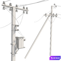 Concrete electricity transmission poles with wires 3D Model Vray, Corona