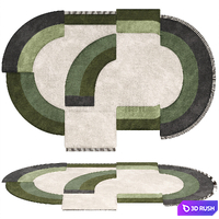Carpet Contemporary Oval Rug with Geometric Pattern in Green Hues and Beige in Wool 3D Model Corona