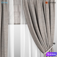 Light brown curtains with pickup + white tulle + Roman curtain. 3D Model Vray, Corona