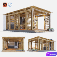 Wooden gazebo with summer kitchen 3D Model Vray, Corona