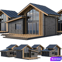 Four houses with facade cladding made of metal cassettes and wooden battens 3D Model Corona
