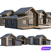 Four houses with facade cladding made of metal cassettes and wooden battens 3D Model Corona