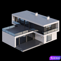 Modern two-storey cottage with a flat roof and a large Bauhaus-style terrace 3D Model Corona