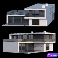 Modern two-storey cottage with a flat roof and a large Bauhaus-style terrace 3D Model Corona
