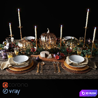 Autumn table setting with pumpkins 3D Model Vray, Corona