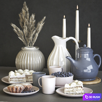 A set of dishes IKEA with cake, muffins and dried flowers 3D Model Vray, Corona