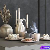 A set of dishes IKEA with cake, muffins and dried flowers 3D Model Vray, Corona