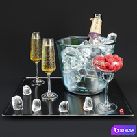 A bottle of champagne on a tray with ice and raspberries. 3D Model Corona