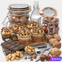 Chocolate muffins and nuts set 3D Model Vray, Corona