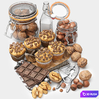 Chocolate muffins and nuts set 3D Model Vray, Corona