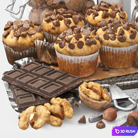Chocolate muffins and nuts set 3D Model Vray, Corona