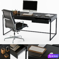 Black office desk set 3D Model Vray, Corona