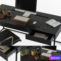 Black office desk set 3D Model Vray, Corona