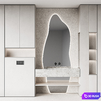 Bathroom furniture set 8. Monochrome grey. Curved mirror shape. Stone sink. Wall-mounted faucet. 3D Model Vray, Corona