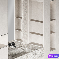Bathroom furniture set 8. Monochrome grey. Curved mirror shape. Stone sink. Wall-mounted faucet. 3D Model Vray, Corona